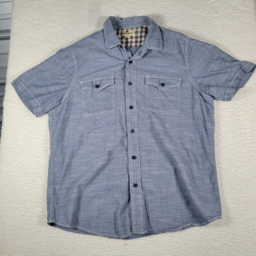 Woolrich Button Down Shirt Mens L Blue Short Sleeve Chambray Cotton HMT1032S
